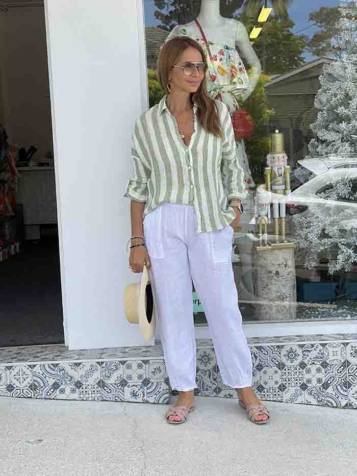 White Linen Pants Outfit with Blue Linen Shirt