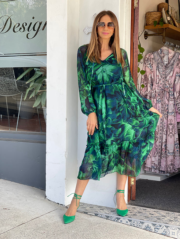 Green floral silk on sale dress