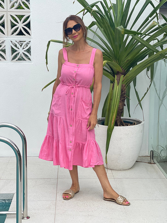 Pink Button Front Midi Dress