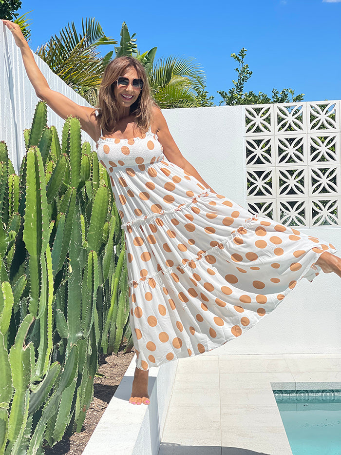 Tan dress with clearance white polka dots