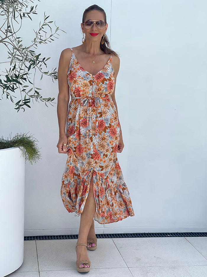 Oasis floral tier 2024 midi dress orange