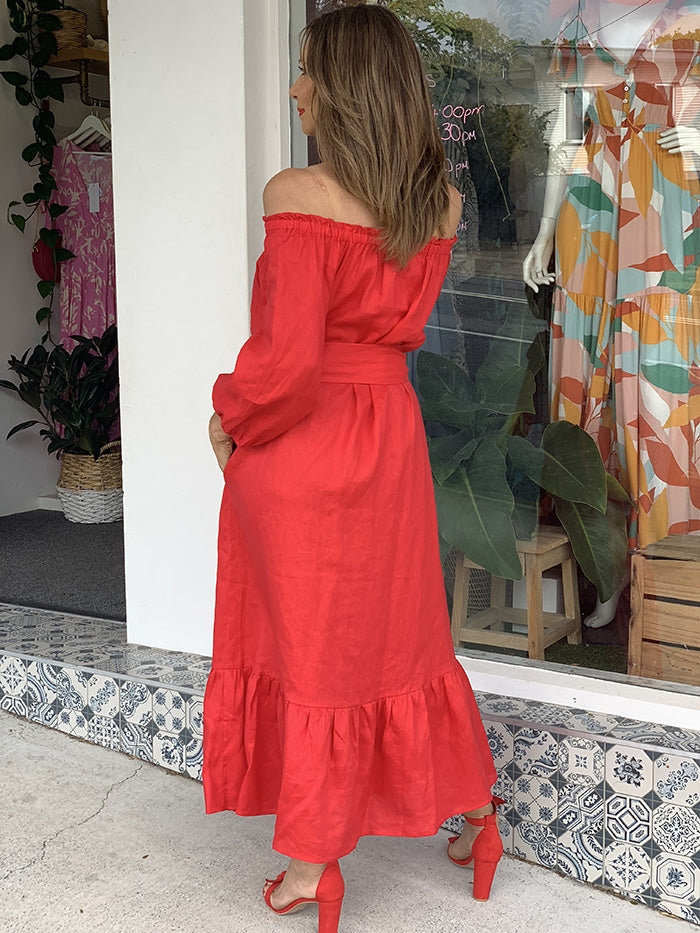 Zara red off cheap the shoulder dress