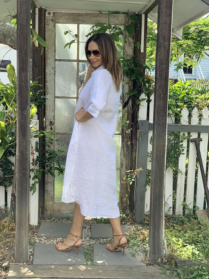 White linen dress store outfit