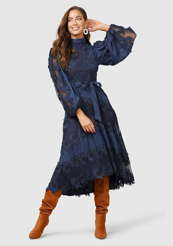 Pagoda Sleeve Straight Midi Dress – Indigo Handloom