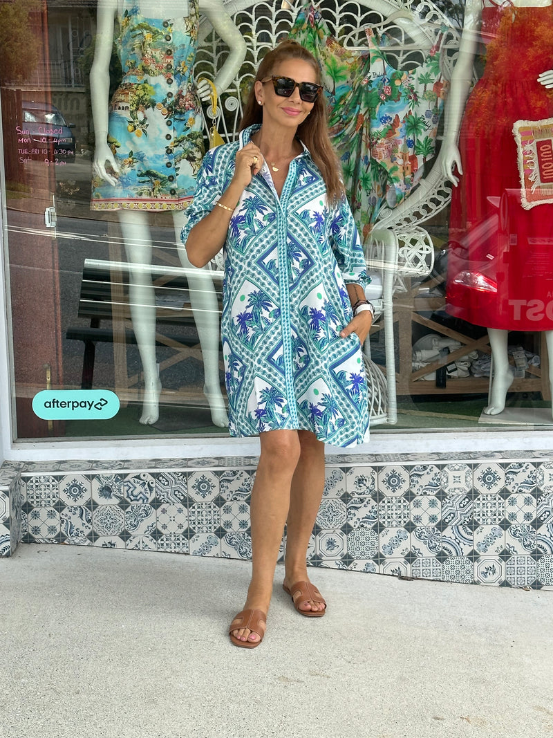 Cerulean Palm Print Shirt Dress