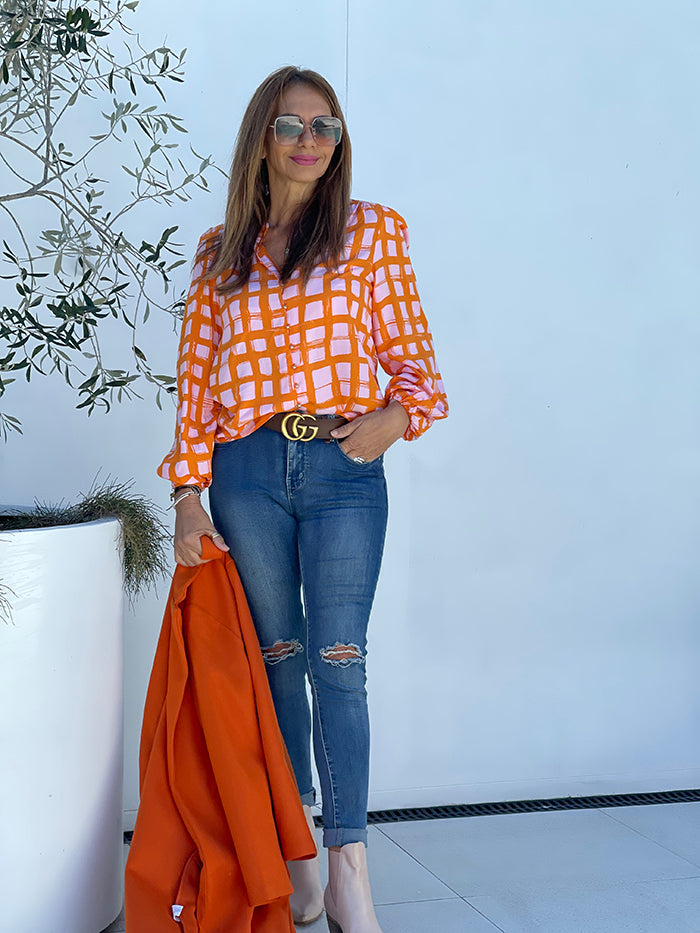 Orange and Pink Check Top