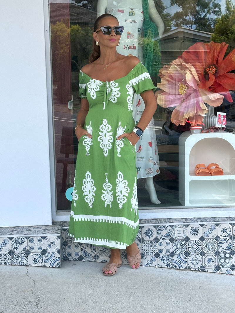 Green Celeana Print Tie Front Dress