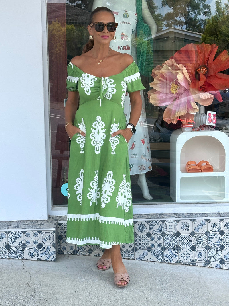 Green Celeana Print Tie Front Dress