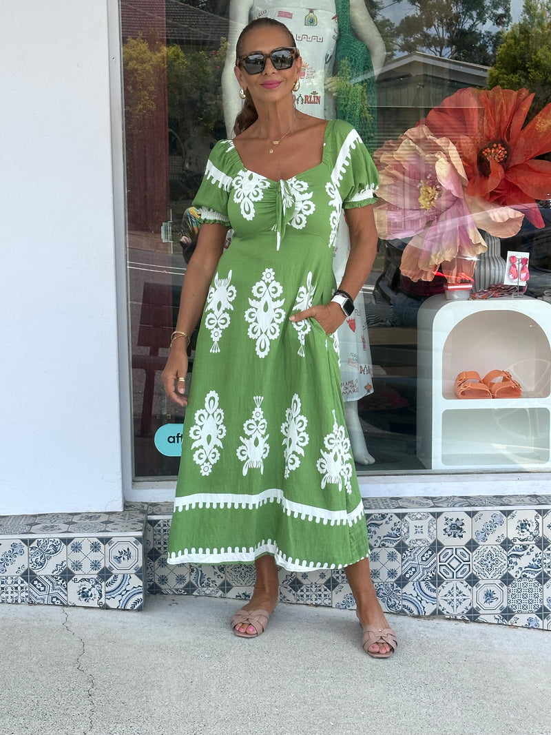 Green Celeana Print Tie Front Dress