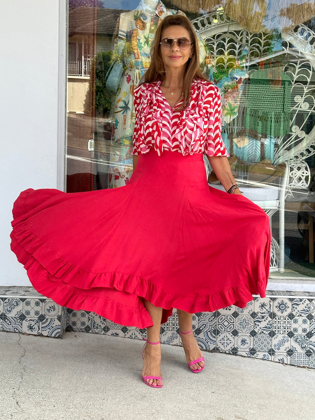 Just Love Frill Blouse - Red and Pink