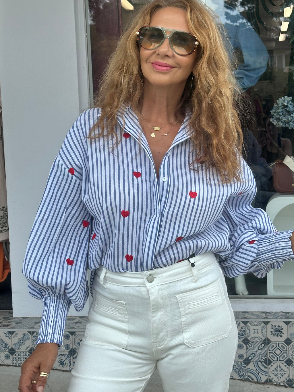 Heart Embroidered Stripe Blouse