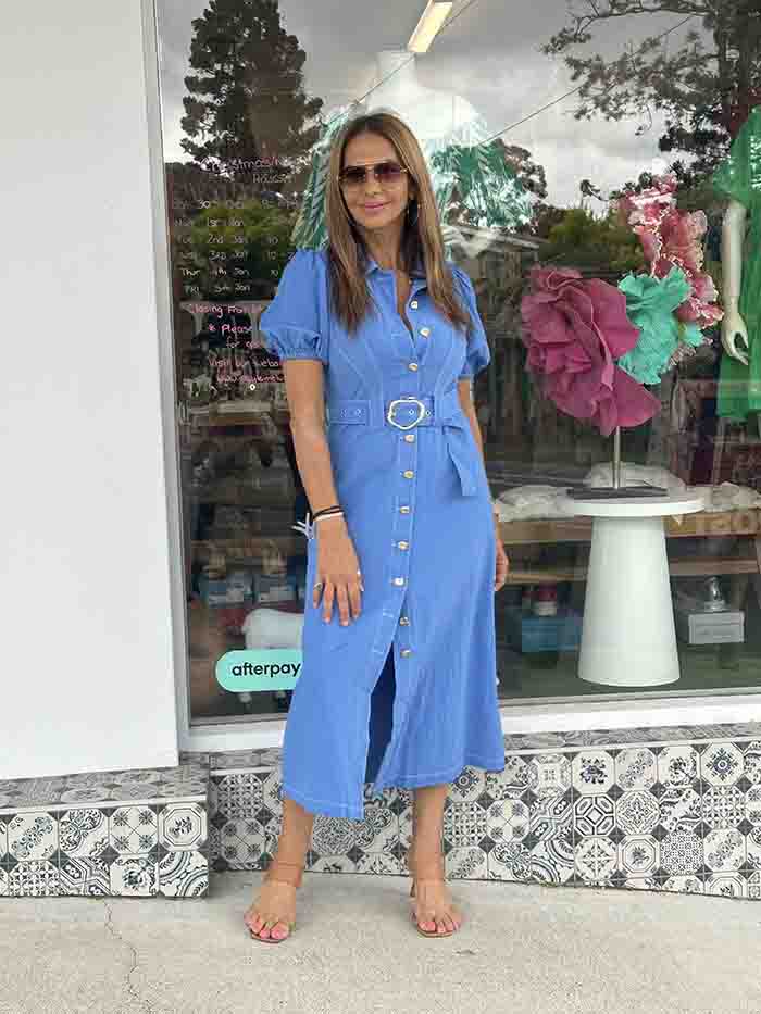 Azure Blue Button Front Midi Dress