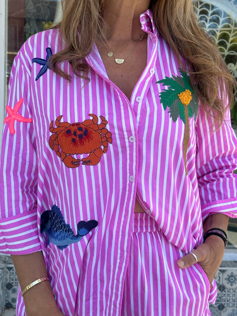 Maldives Embroidered Shirt - Pink Stripe