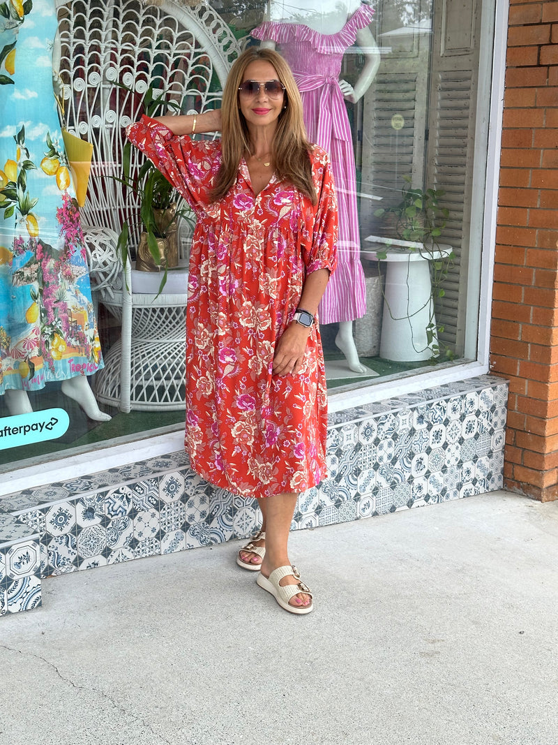 Smock Dress - Rust Boho Floral