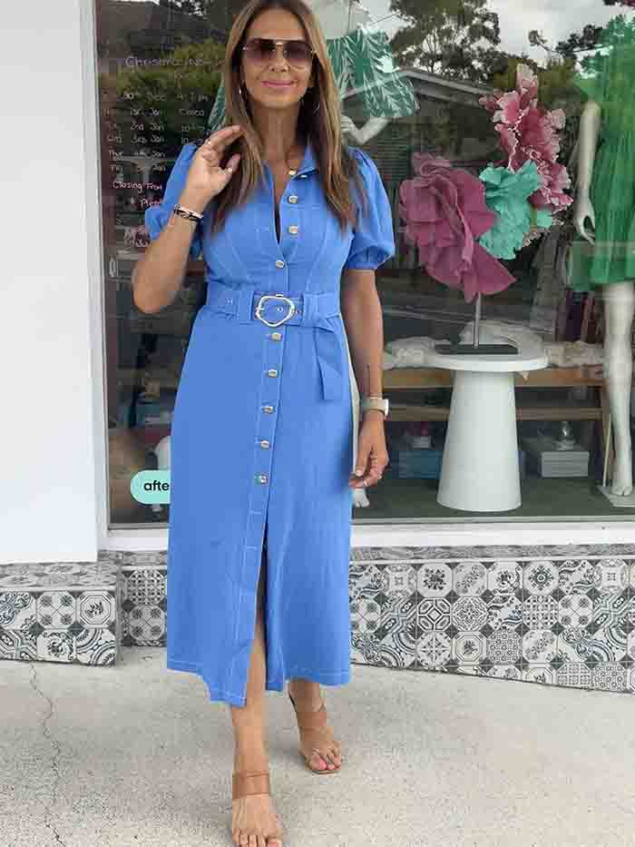 Azure Blue Button Front Midi Dress