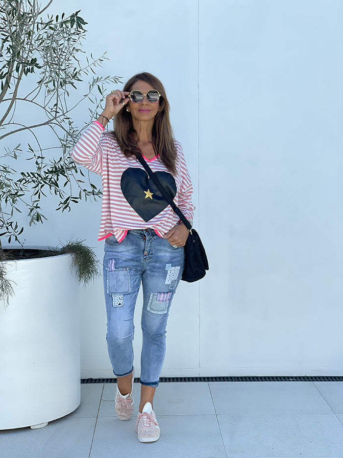 Love Heart Striped Tee - Pink