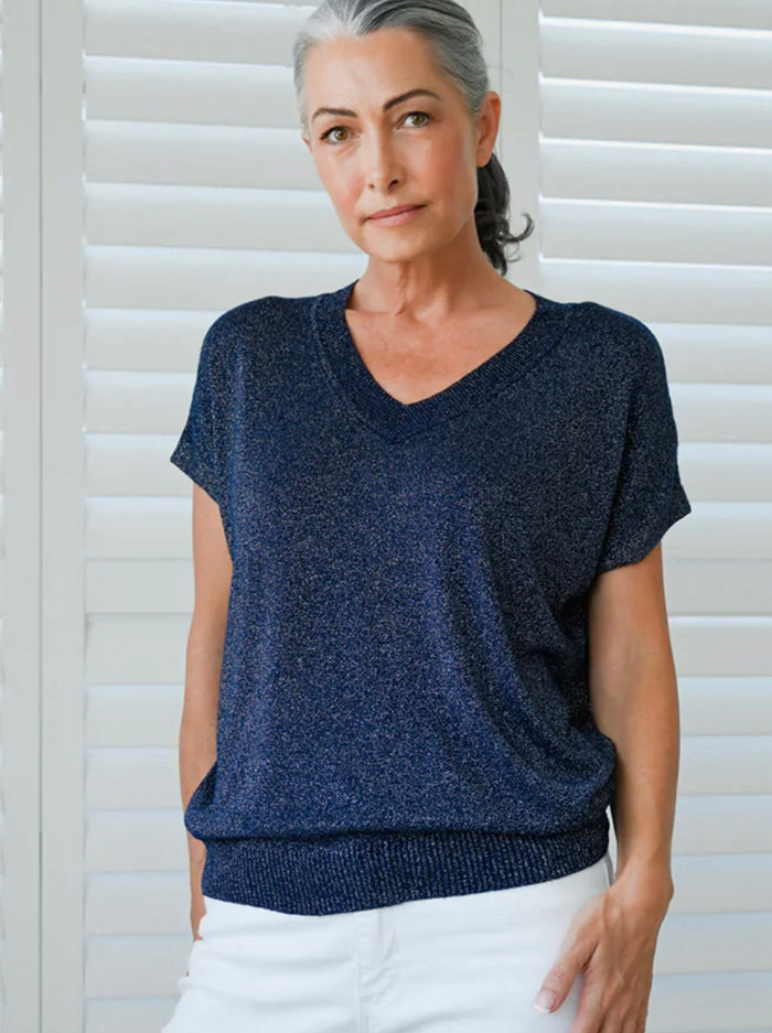 Navy Lurex V Neck Tee