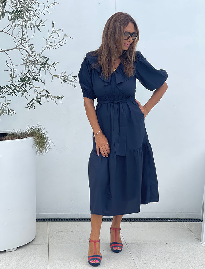 Carla Ruffle Neck Dress - Navy