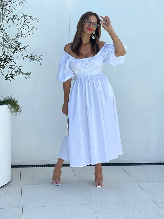 Puff Sleeve Midi Dress - White