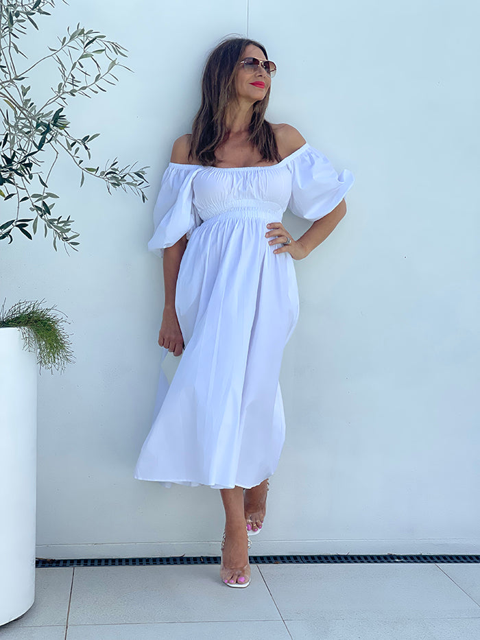 Puff Sleeve Midi Dress - White