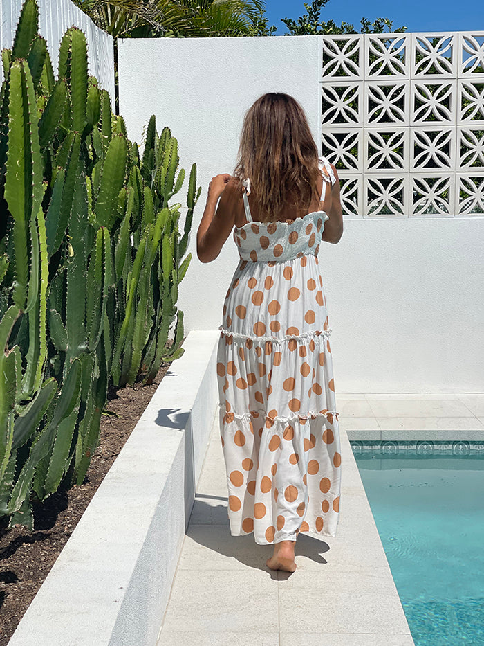 Tami Maxi Dress - Tan Polka Dot