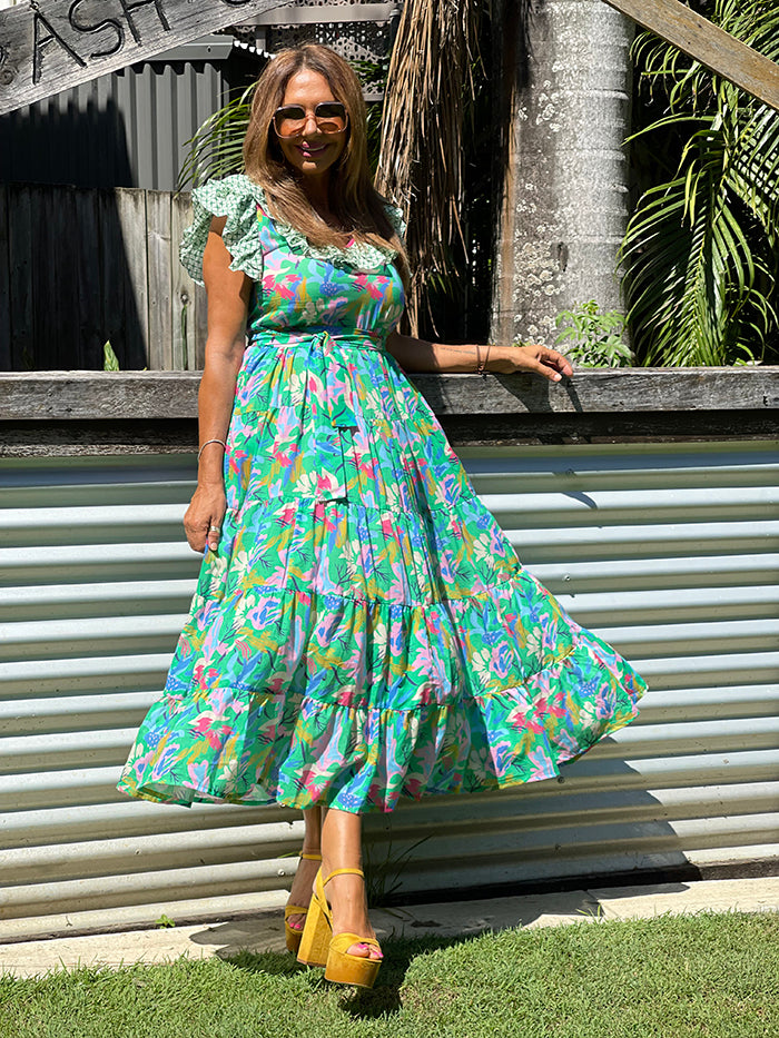 Green print store maxi dress