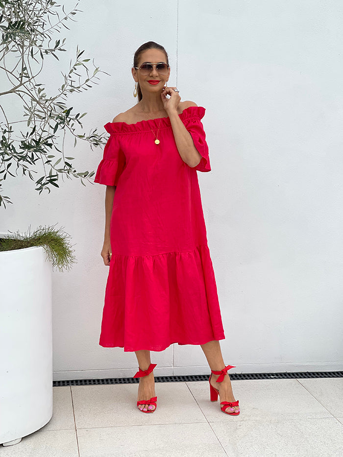 Elle Off The Shoulder Midi Dress - Red