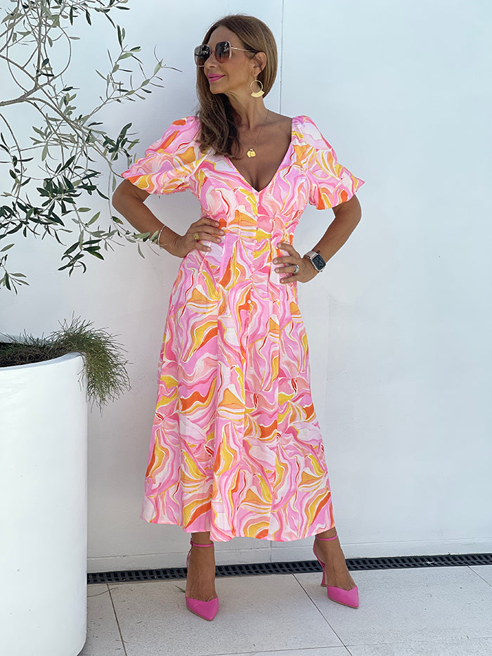 Louise Midi Dress - Pink Multi