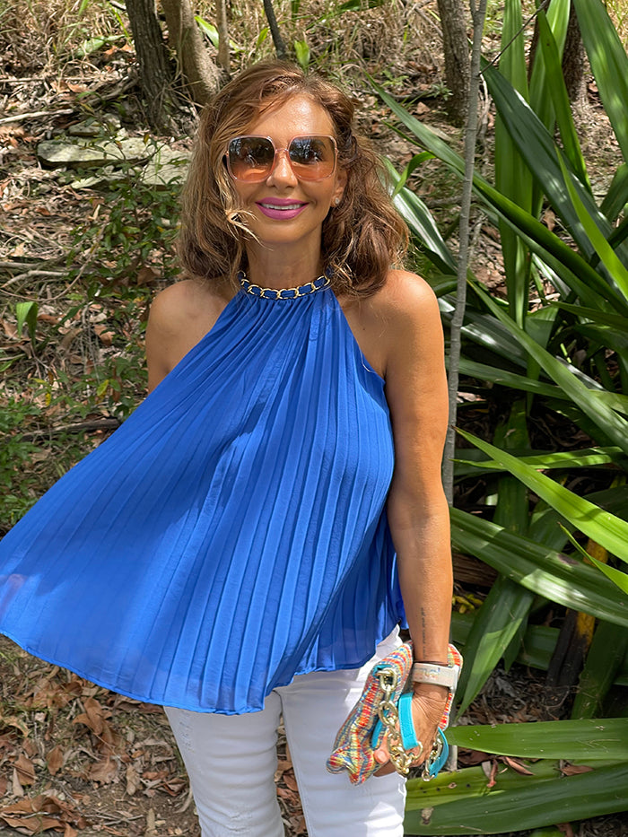 Pleat Neck Top - Electric Blue