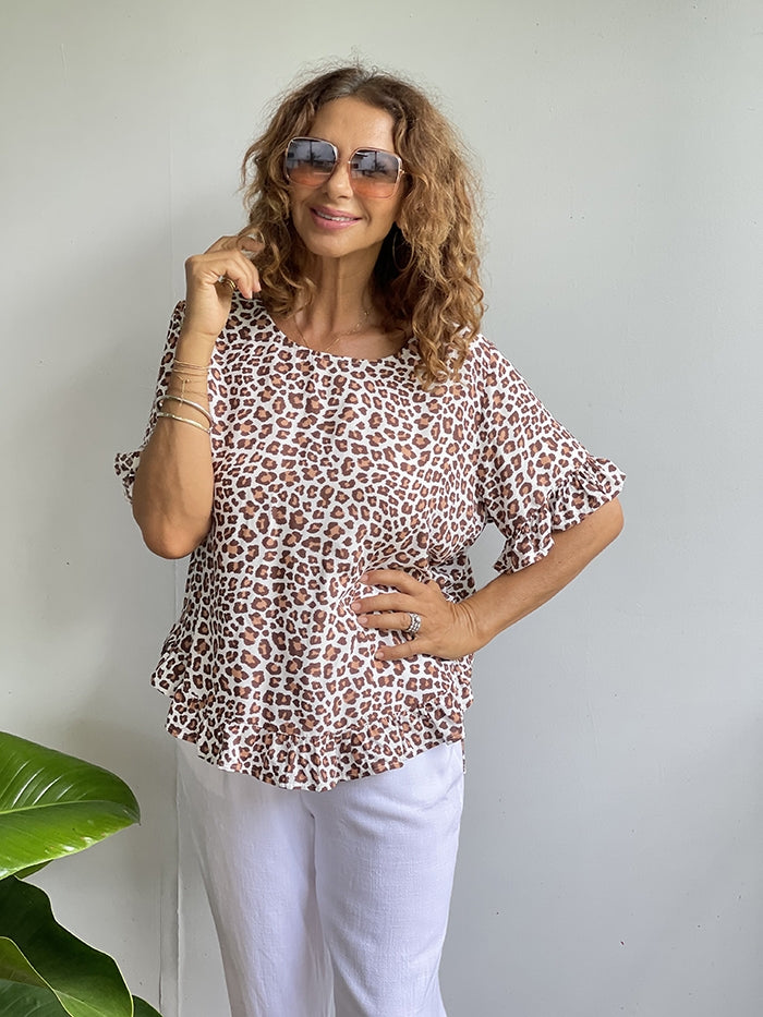 Toffee Leopard Frill Top