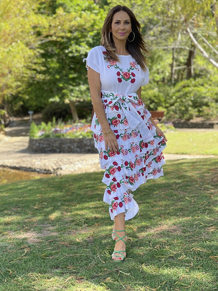 Asymetrical Frill Dress - Floral Embroidery