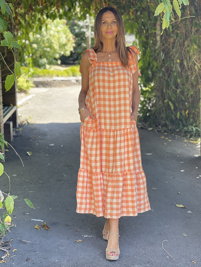 Orange and store white gingham dress