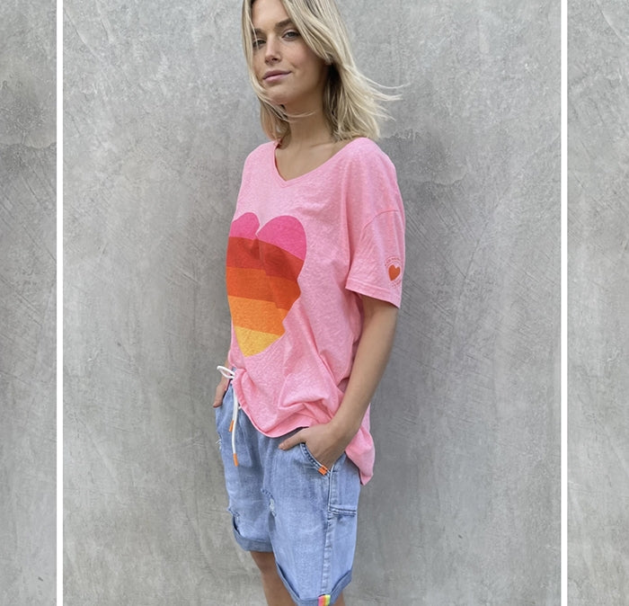 Heart Rainbow V Neck Tee - Pink