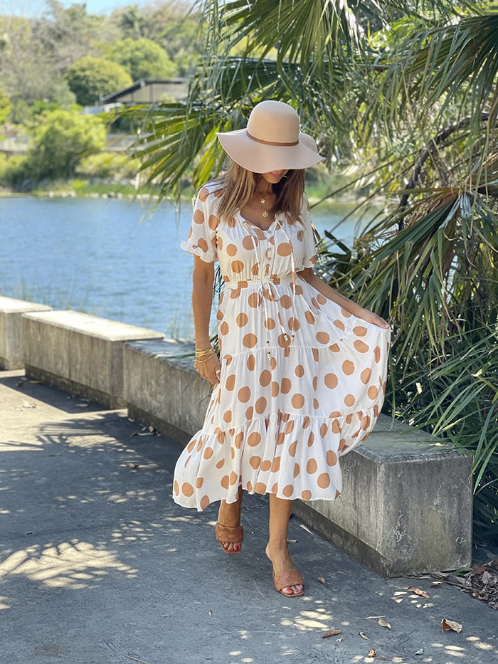 Tami Dress - Tan Polka Dot