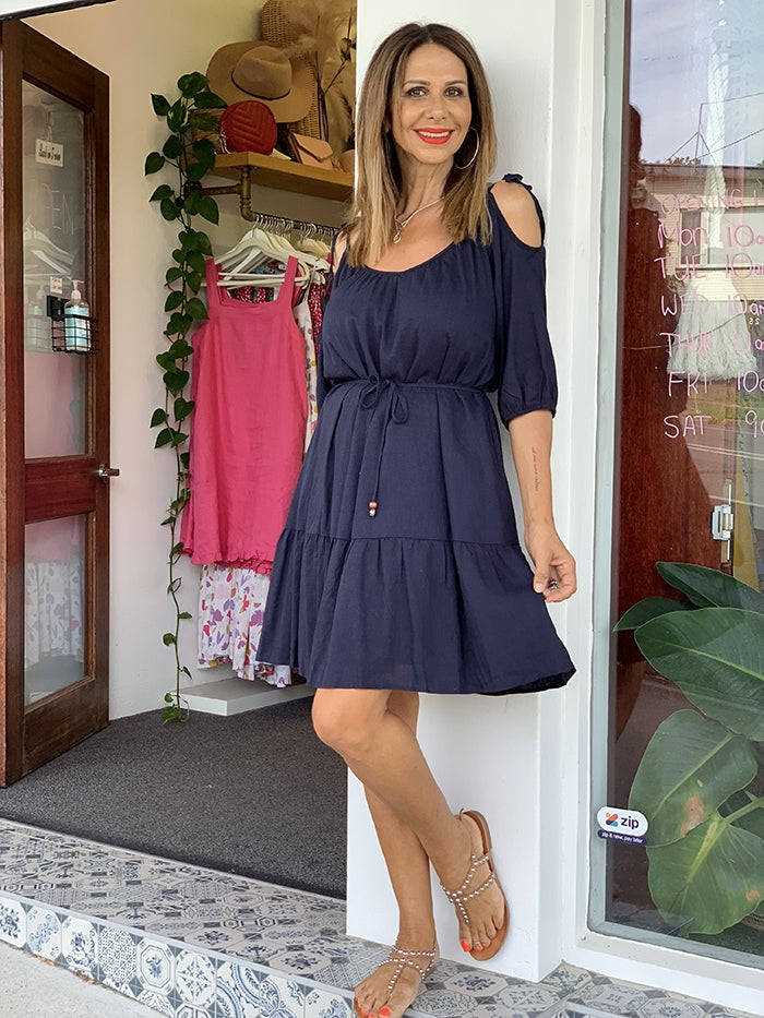 Bryony Tie Sleeve Dress - Navy