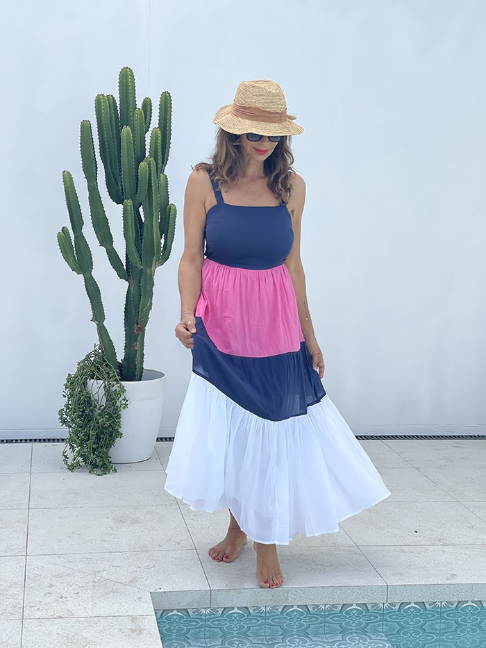 Carmello Dress - Pink, Navy and White