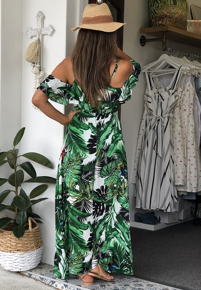 Palm Ruffle Maxi Dress