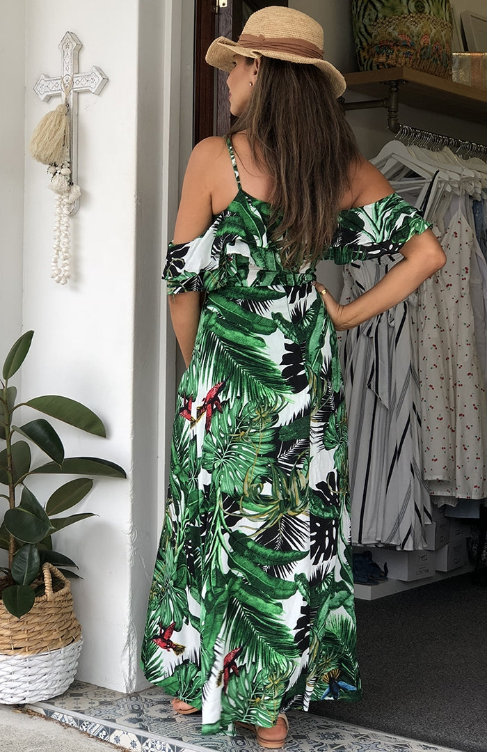 Palm Ruffle Maxi Dress