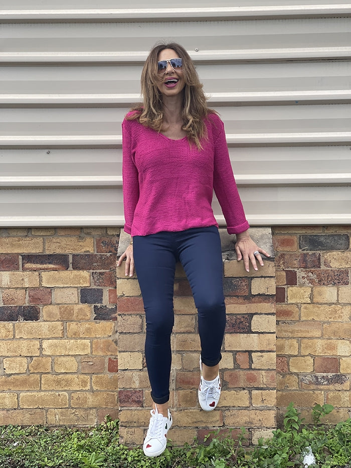 Roll Up Sleeve Knit Top - Hot Pink