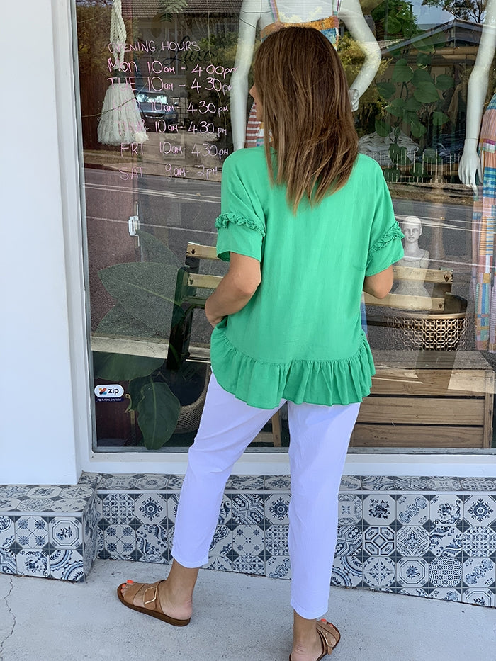 Linen Ruffle Top - Green