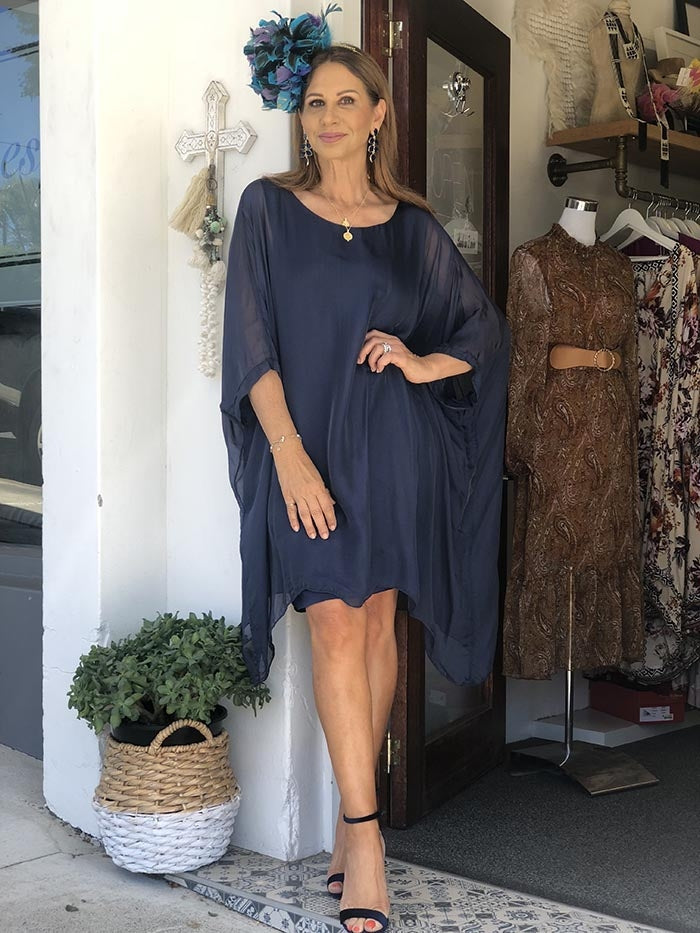 Luna Silk Dress - Navy