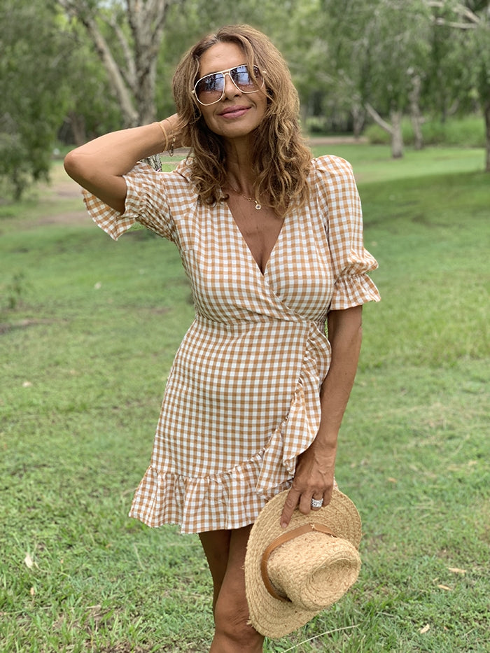 Caramel Gingham Mini Dress