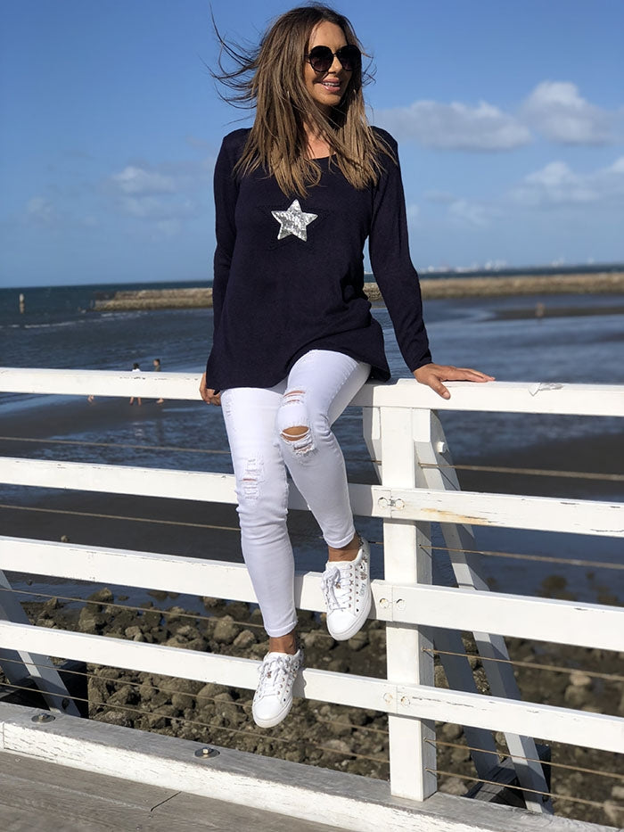 Star Sequin Knit Top - Navy